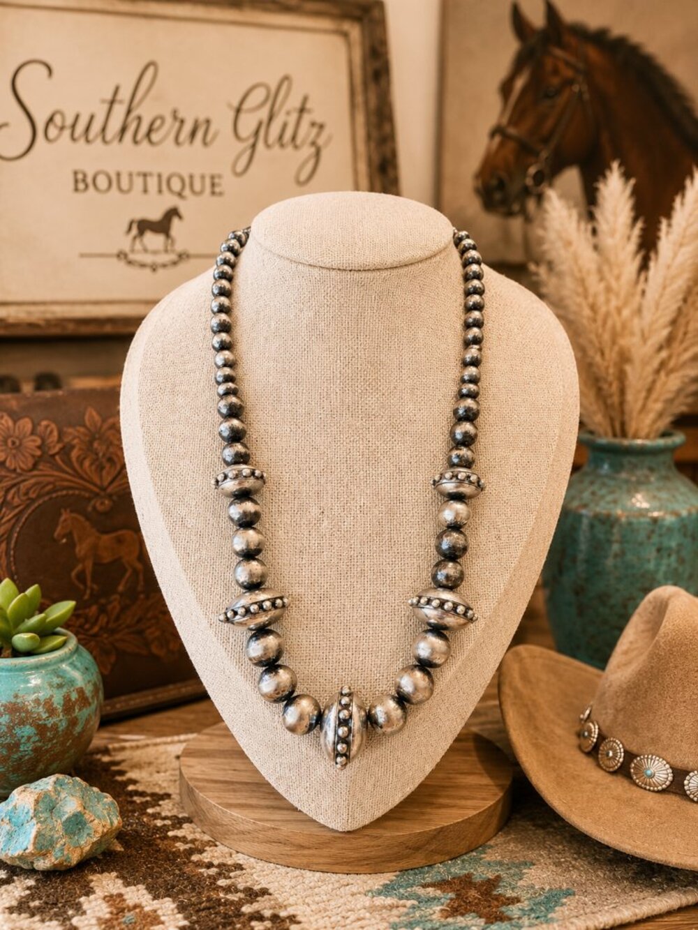 Silver Beaded Statement Necklace, Chunky Silver Tone Necklace, Navajo Inspired